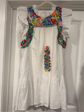 J Marie White Ruffled Sundress with Multicolor Floral Embroidery